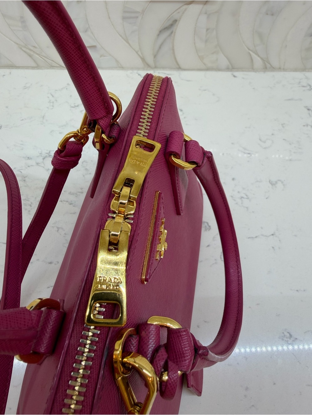 Prada Magenta Saffiano Mini Pyramid Bag with Gold Hardware. Excellent pre-loved. - Picture 8 of 15